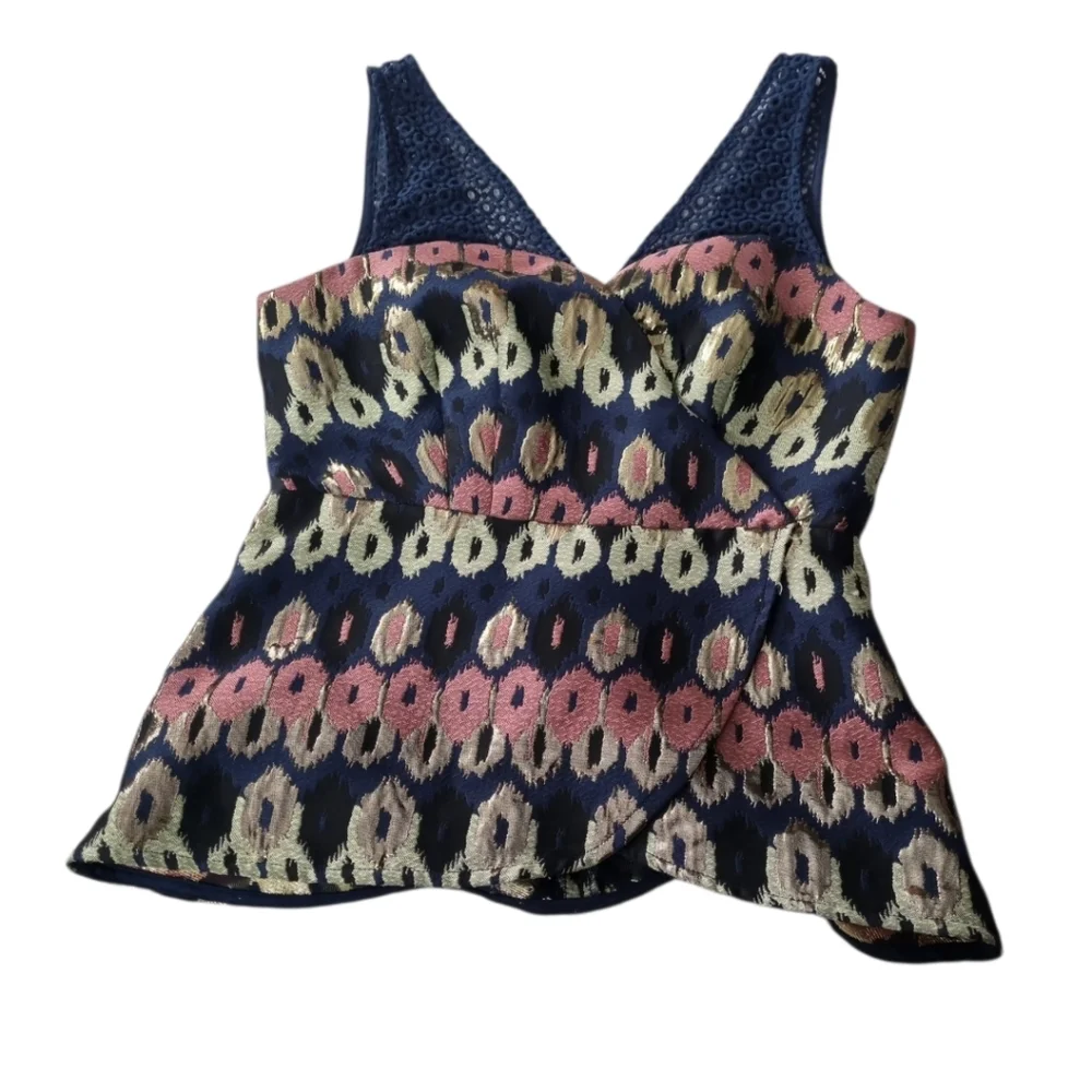 ANTHROPOLOGIE HD in Paris Navy and Gold Patterned Tank Top - Picture 5 of 7